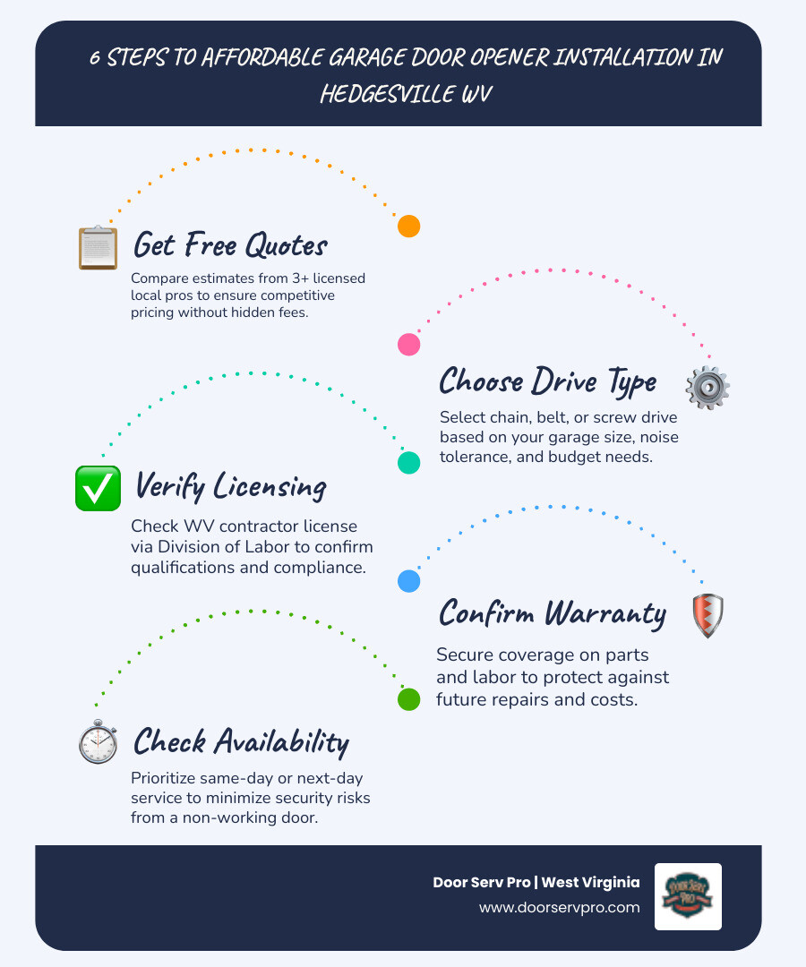 Infographic showing 6 steps to get affordable garage door opener installation in Hedgesville WV: step 1 get free quotes from licensed local pros, step 2 choose the right opener drive type for your budget, step 3 verify WV contractor licensing, step 4 confirm warranty coverage on parts and labor, step 5 check for same-day availability, step 6 confirm service covers Hedgesville and Berkeley County - affordable garage door opener installation in hedgesville, wv infographic infographic-line-5-steps-blues-accent_colors