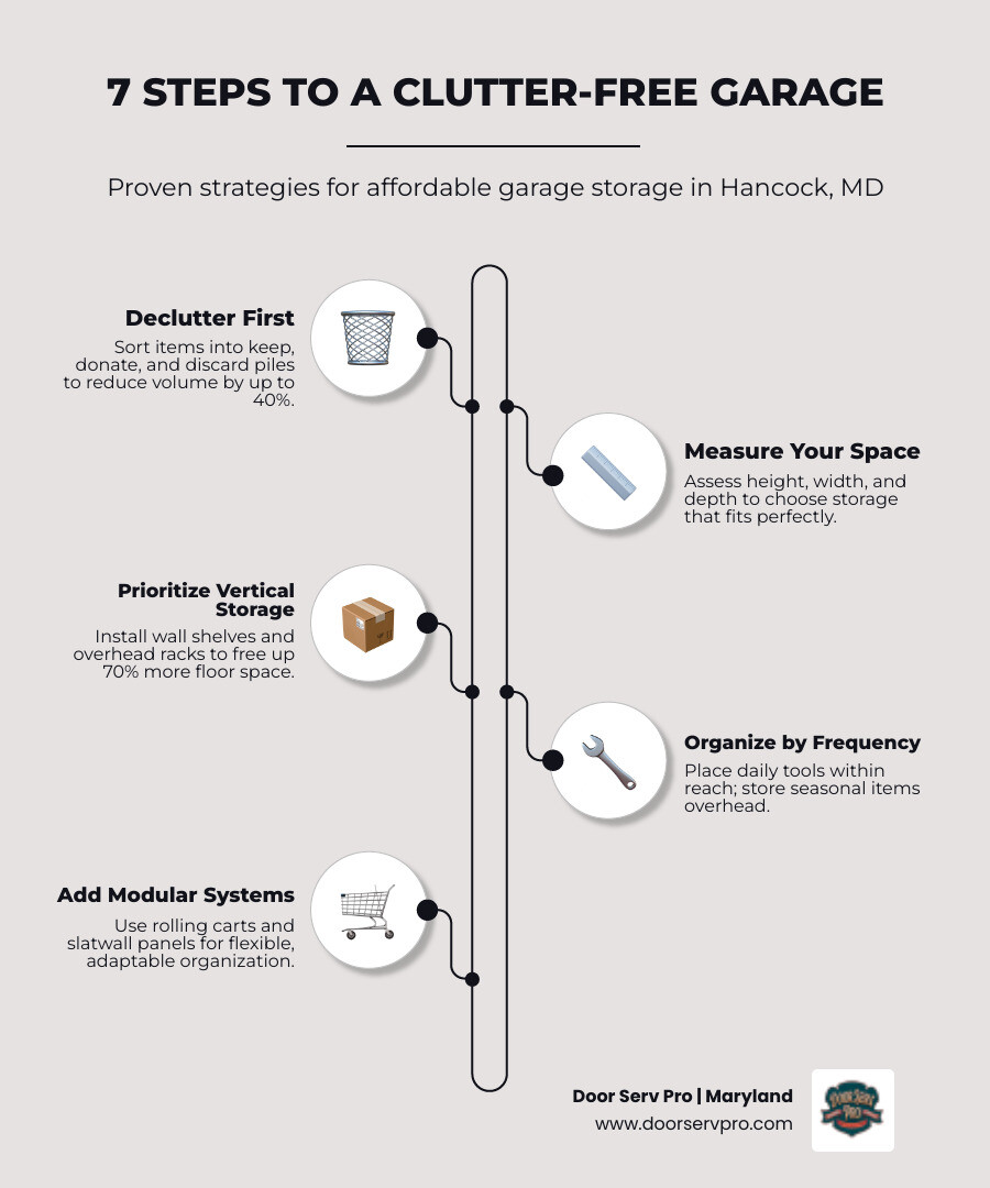 Infographic showing 7 steps to a clutter-free garage in Hancock MD with storage options and tips - affordable garage storage