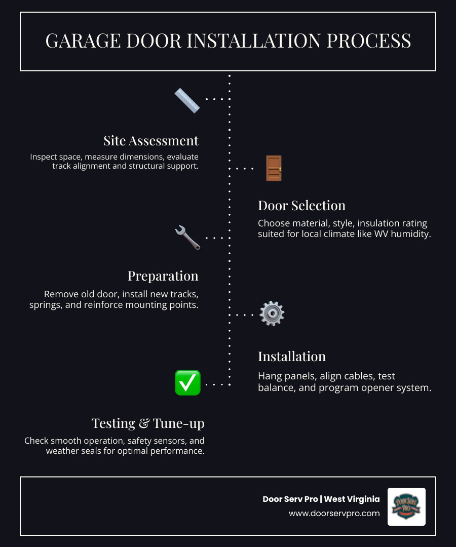 Step-by-step garage door installation process infographic for Ranson WV homeowners - best garage door installation in