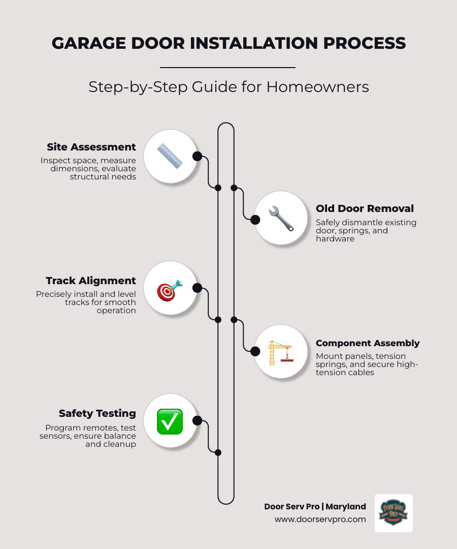 Infographic showing step-by-step garage door installation process for Cumberland MD homeowners - best garage door