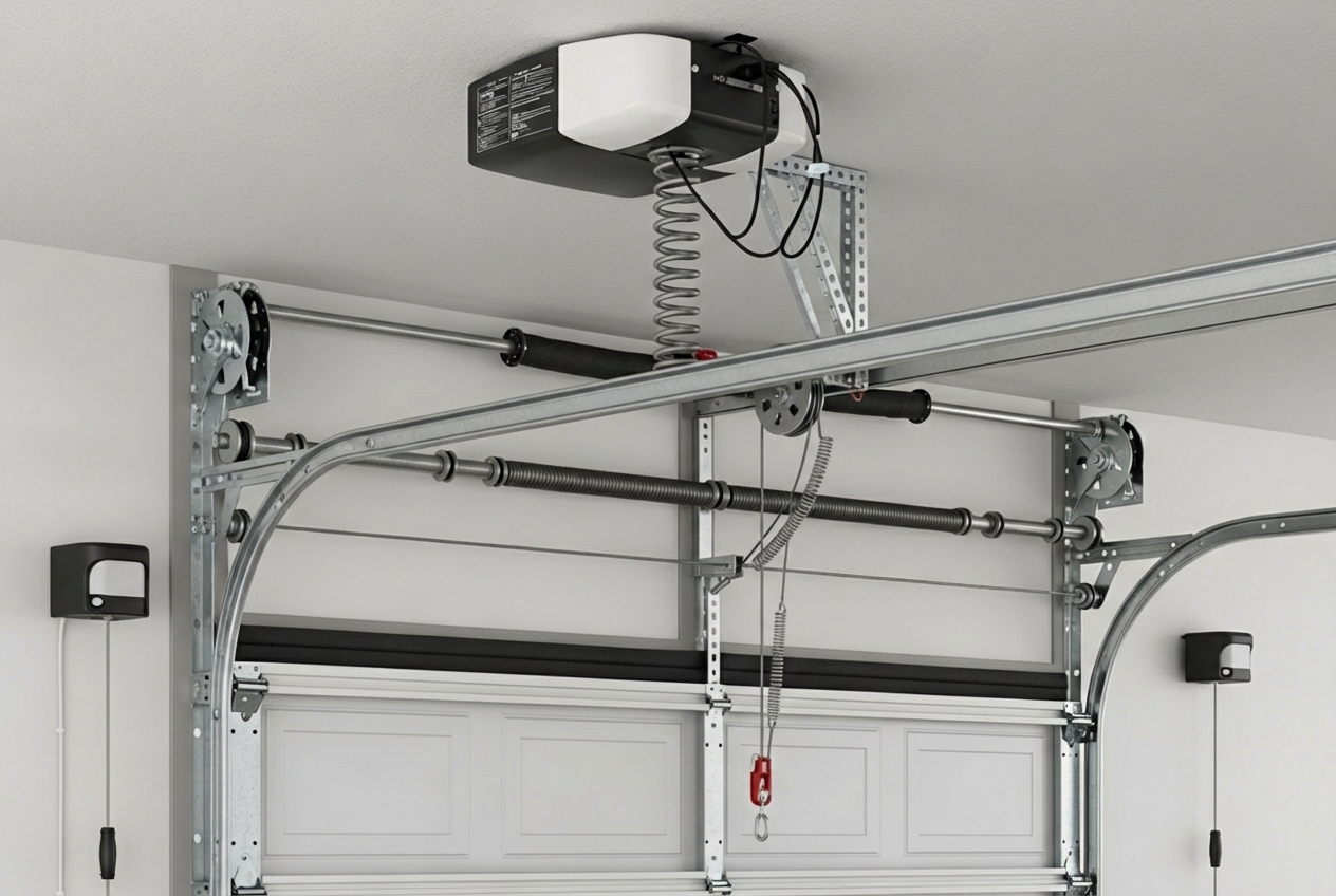 Key components of a garage door system including torsion springs, extension springs, cables, rollers, tracks, hinges, weather stripping, garage door opener, safety sensors, and door panels - garage door maintenance in chambersburg pa
