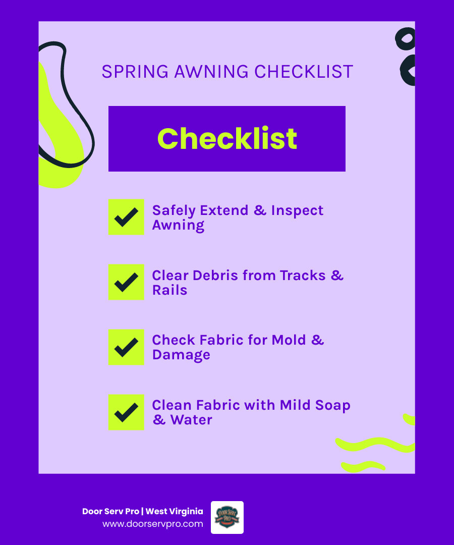 Spring awning maintenance checklist infographic with 8 key steps from inspection to lubrication - spring awning maintenance