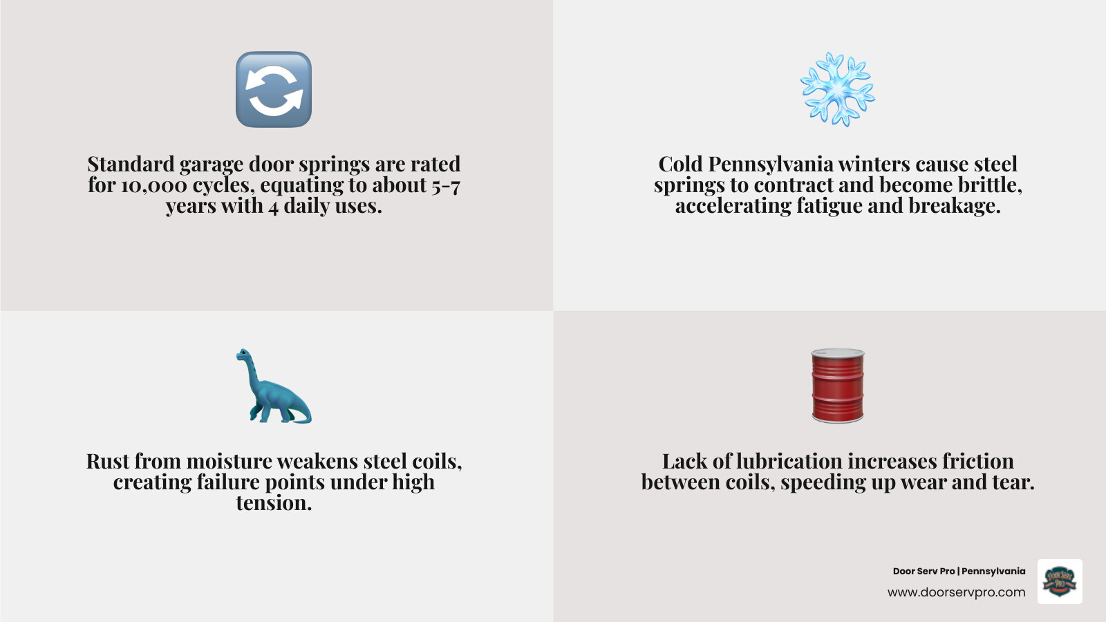 Infographic showing 10,000-cycle spring lifespan, daily usage rates, and break causes like rust and cold weather - how