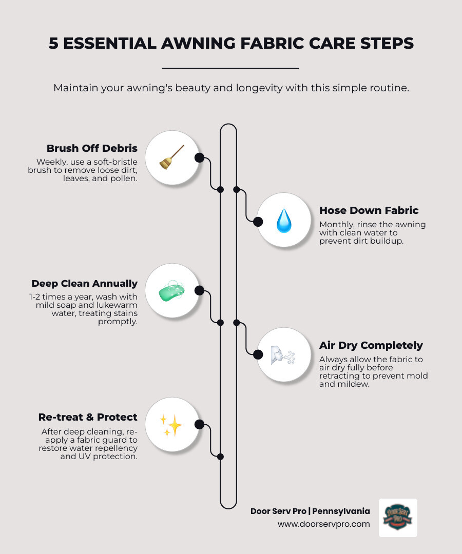 5-step awning fabric care and maintenance infographic showing brushing, hosing, cleaning, drying, and re-treating steps