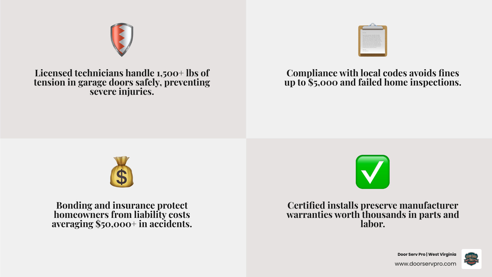 Infographic: Top benefits of choosing a licensed local garage door company including safety, accountability, warranties, and