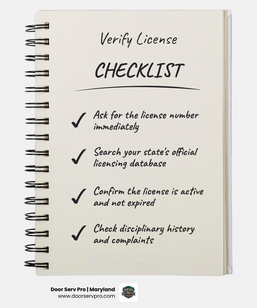 Infographic showing 6 steps to verify a garage door company's license and key red flags to watch for - how to verify your