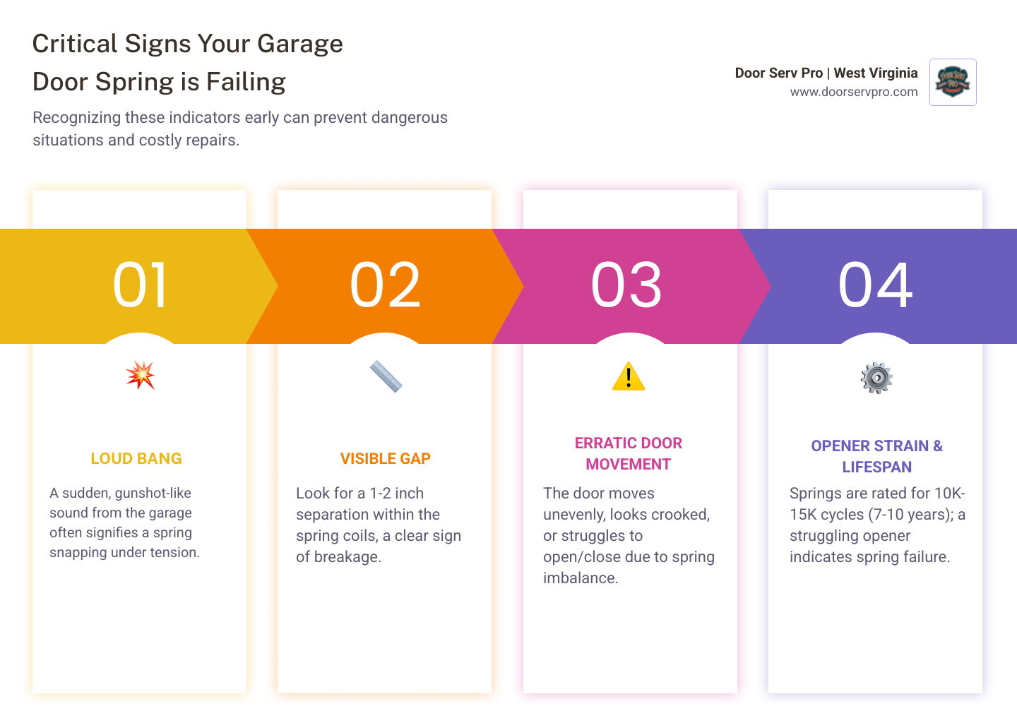 infographic showing 7 signs your garage door spring is about to break with spring cycle lifespan data - signs your garage