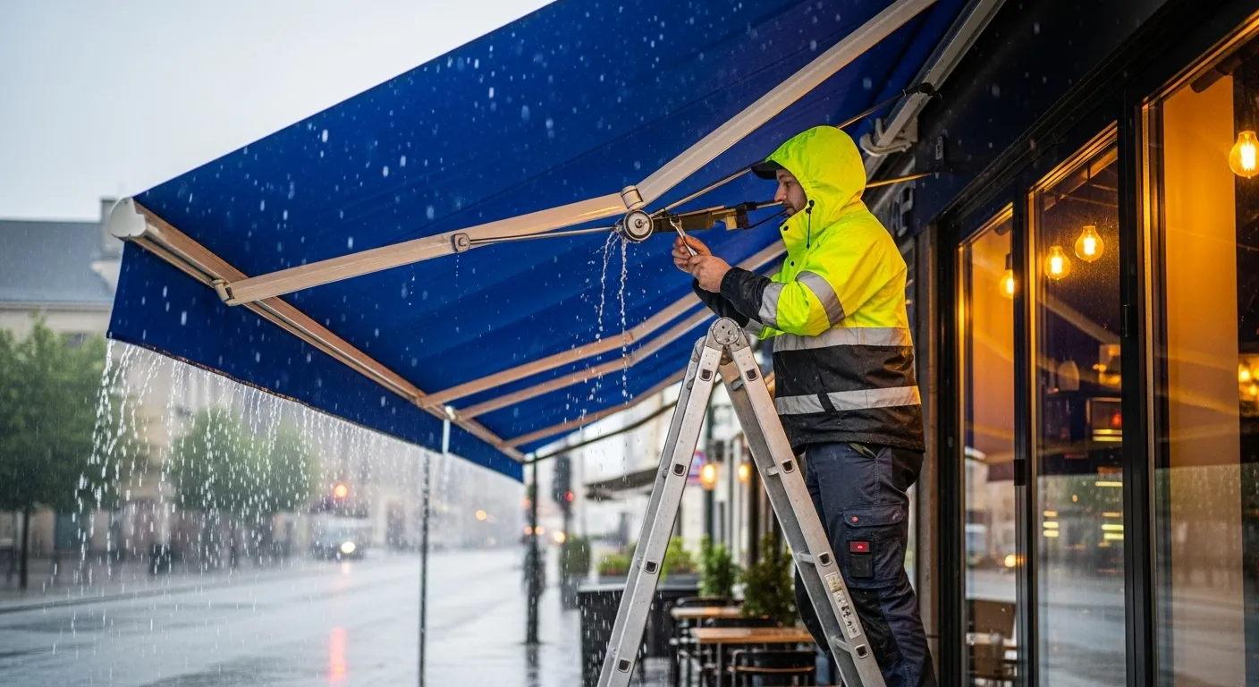 A person in a high-vis jacket repairs a blue awning during a rainstorm