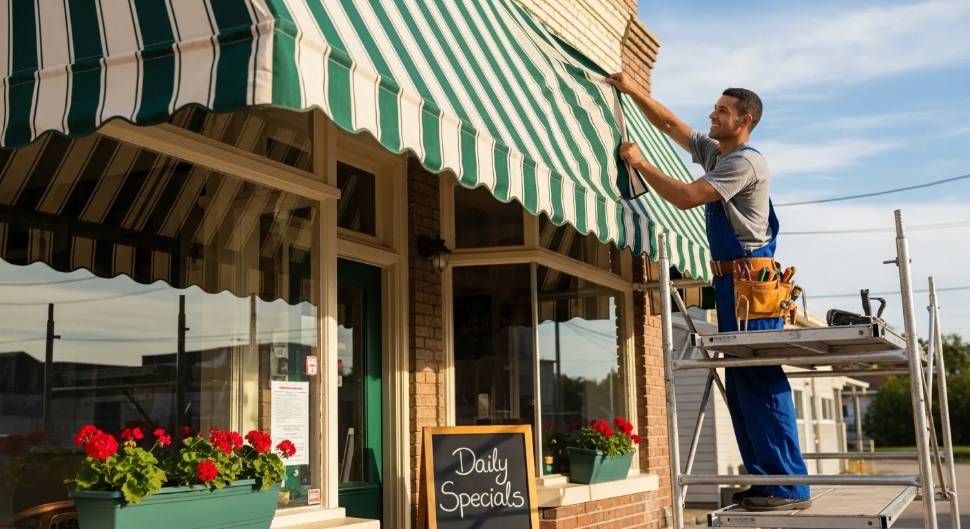 A smiling man on scaffolding installs a green and white striped awning on a storefront