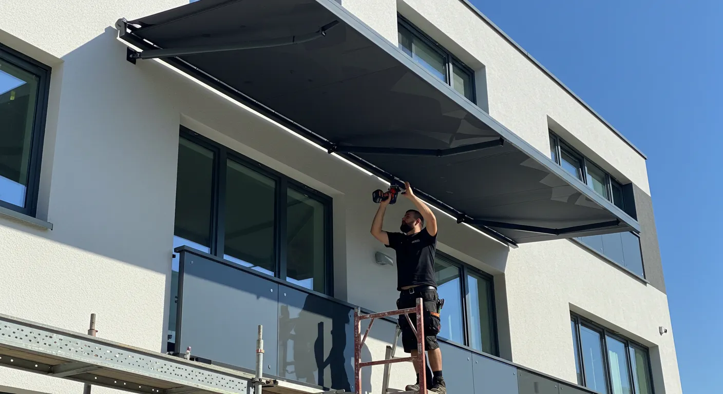 A man on a ladder uses a power drill to install a large black awning on a white modern building