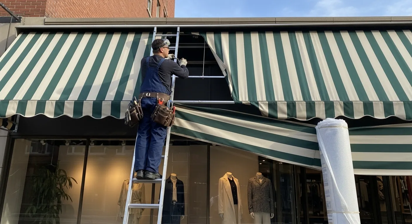 A person on a ladder installs a green and white striped awning on a store