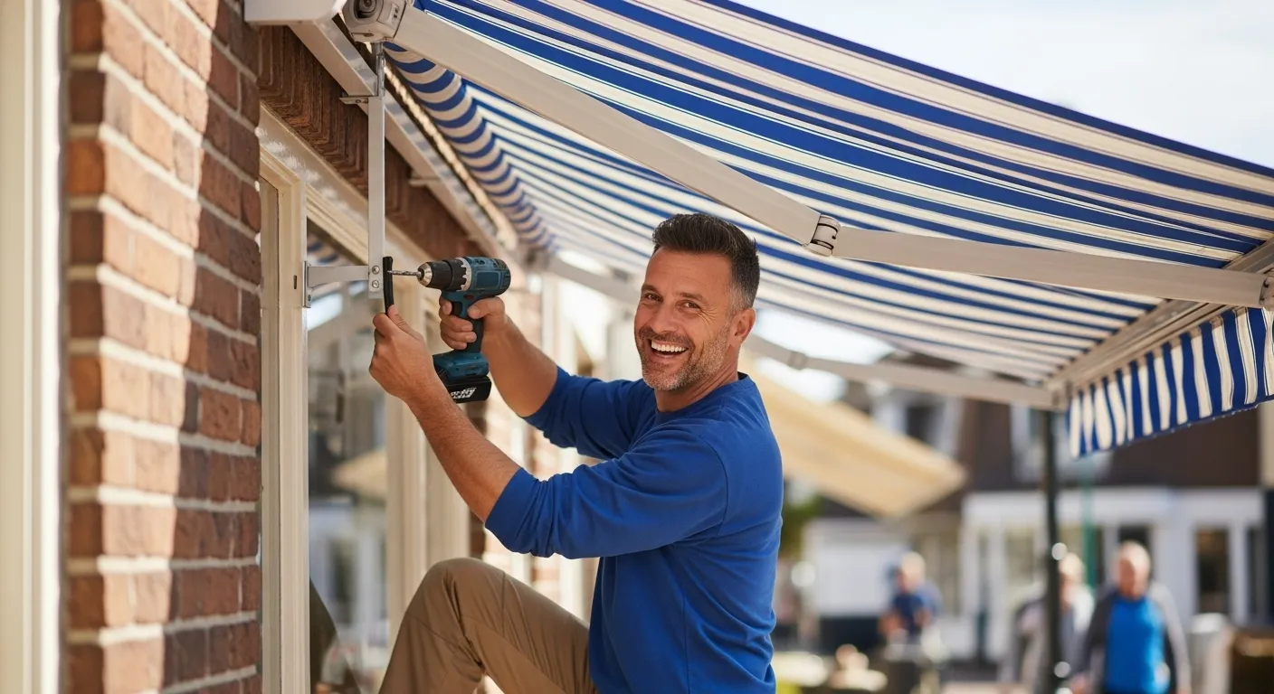 A smiling man drills a part of a blue and white striped awning into a brick wall.