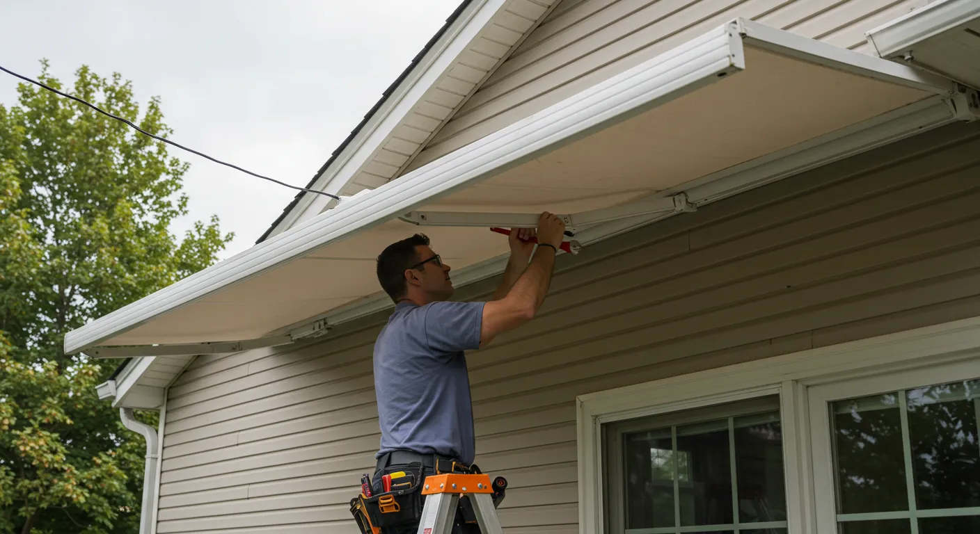A man on a ladder works on the framework of a beige retractable awning on a house with light-brown siding.