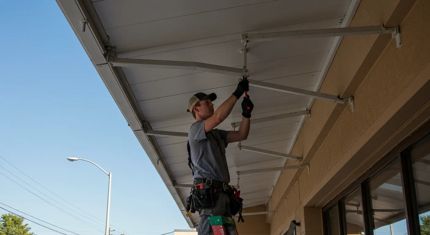 A worker wearing a cap and gloves stands on a ladder, installing a white awning with a clear blue sky in the background.
