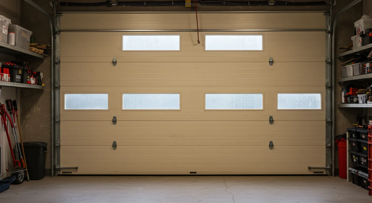 A beige sectional garage door with two rows of rectangular frosted windows, closed and viewed from inside.