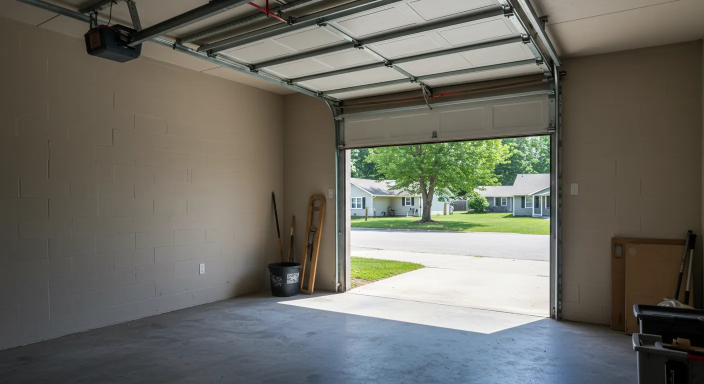 A partially open white garage door, showing a view of the house and driveway outside.