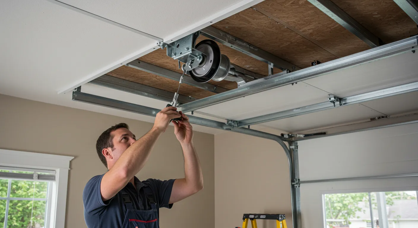 A man in a blue shirt and dark overalls is installing the lift system of a garage door, working on a pulley and cable mechanism mounted to the ceiling.