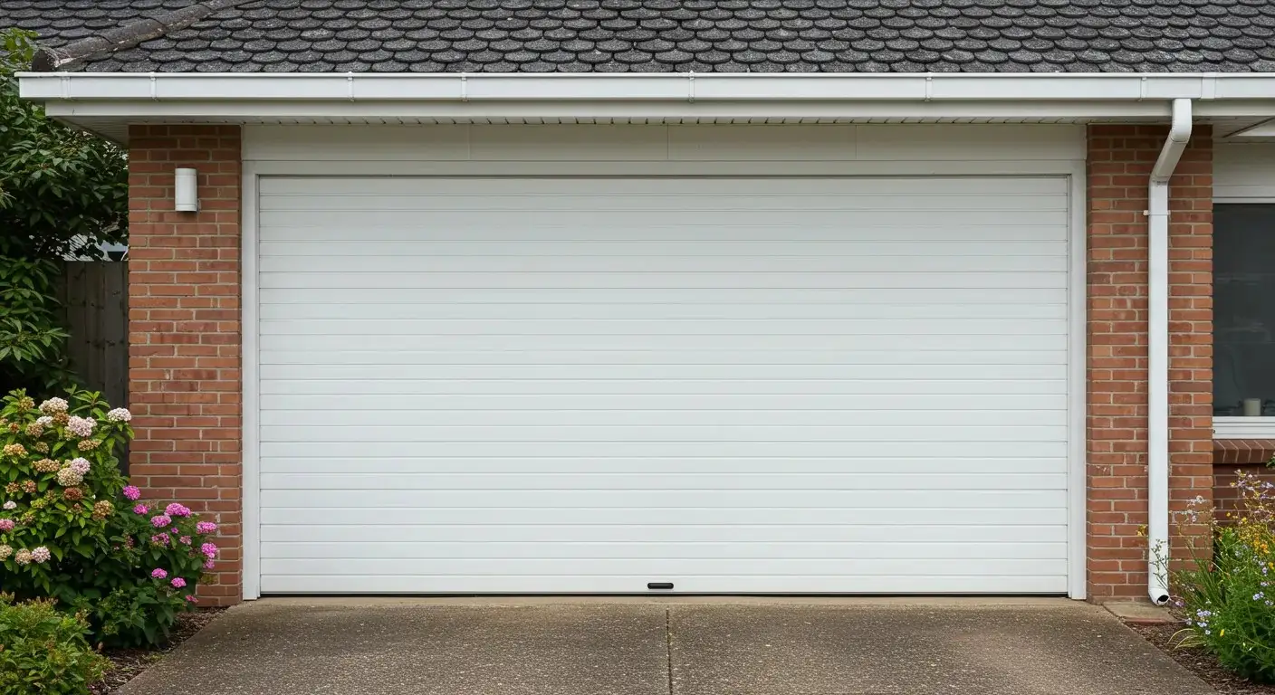 A white horizontal rolling garage door on a simple brick home with a white gutter system.