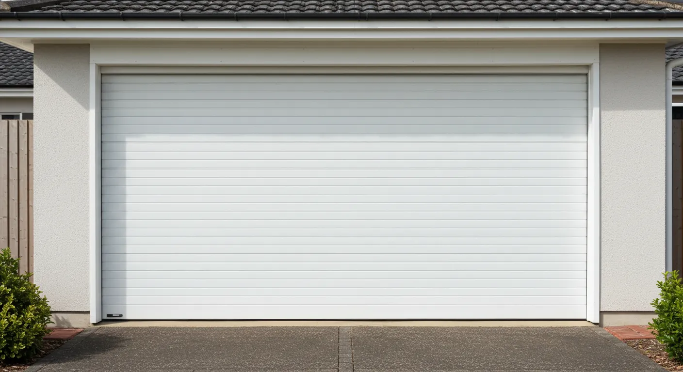 A close-up view of a white, rolling shutter-style garage door on a modern home with a tiled roof.
