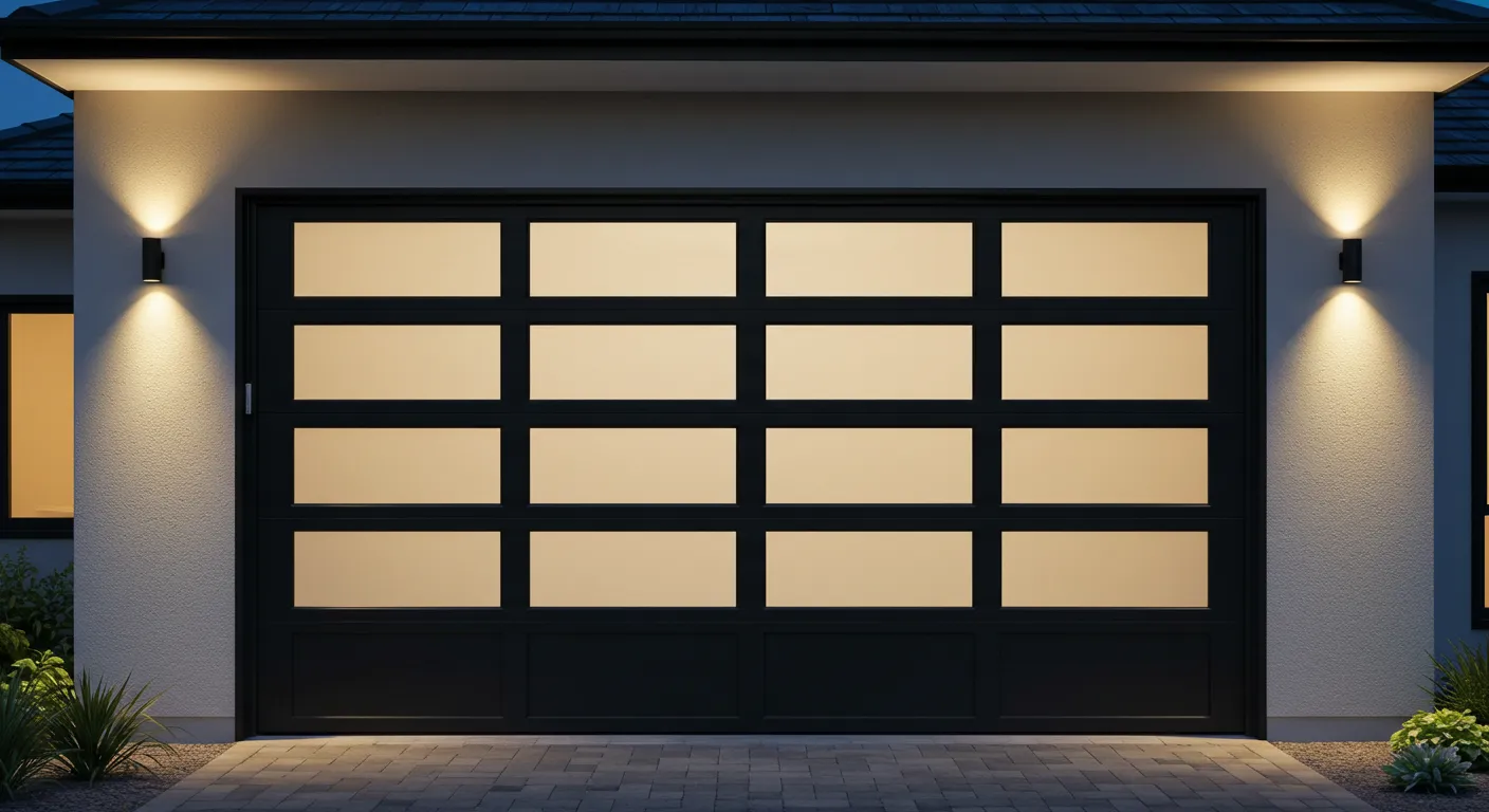 A contemporary garage door with a dark frame and multiple frosted glass panels, lit by outdoor sconces and recessed lights at night.