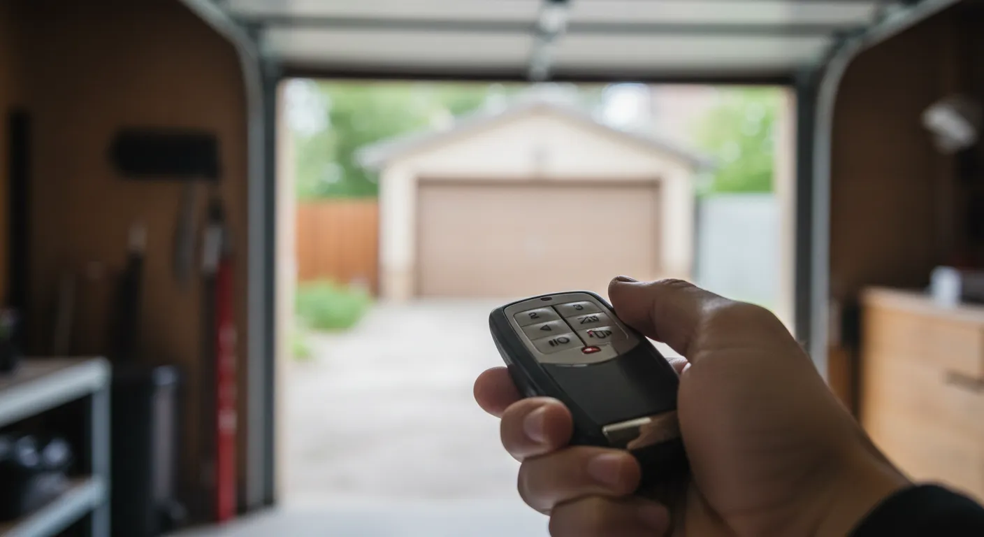 Hand holding a garage door remote control, with an open garage and a driveway leading to a second garage building.