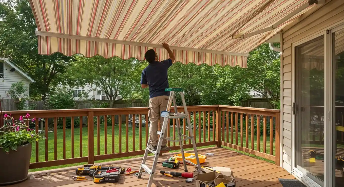 A close-up shot of a man on a ladder adjusting the frame of a striped retractable awning.