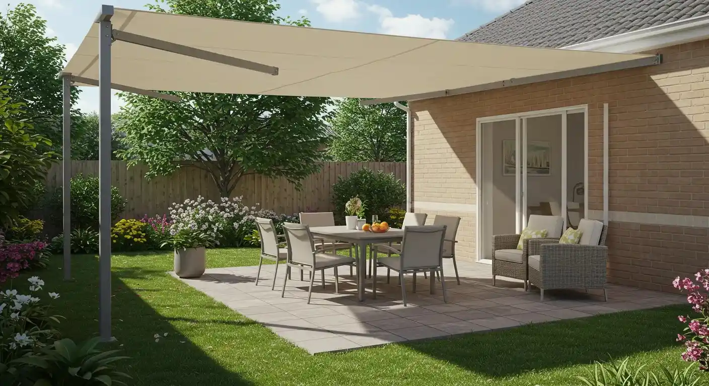 A sleek grey awning with horizontal slats attached to a modern house, shading a wooden deck with outdoor furniture.