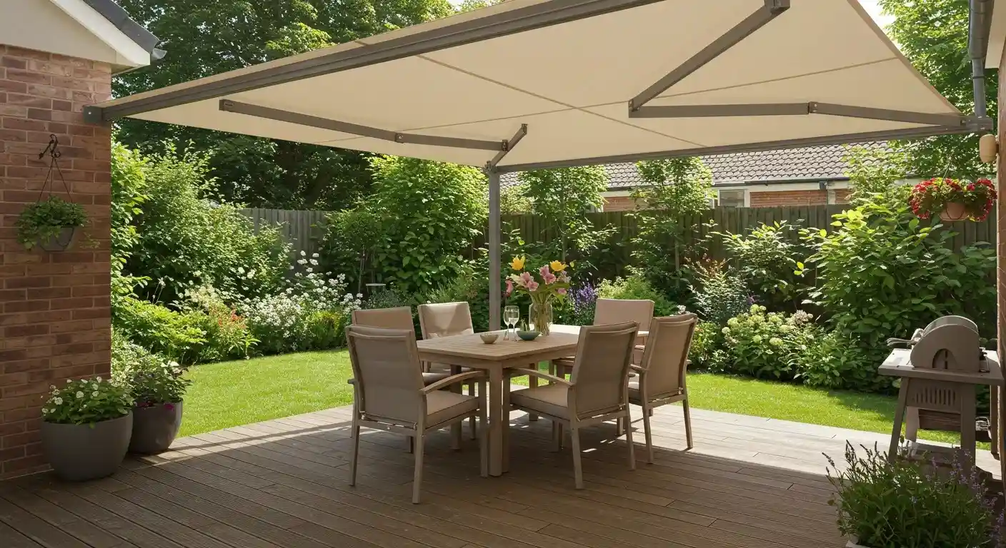 A beige retractable patio awning attached to a brick house, shading a dining set and a wicker sofa on a sunny day.