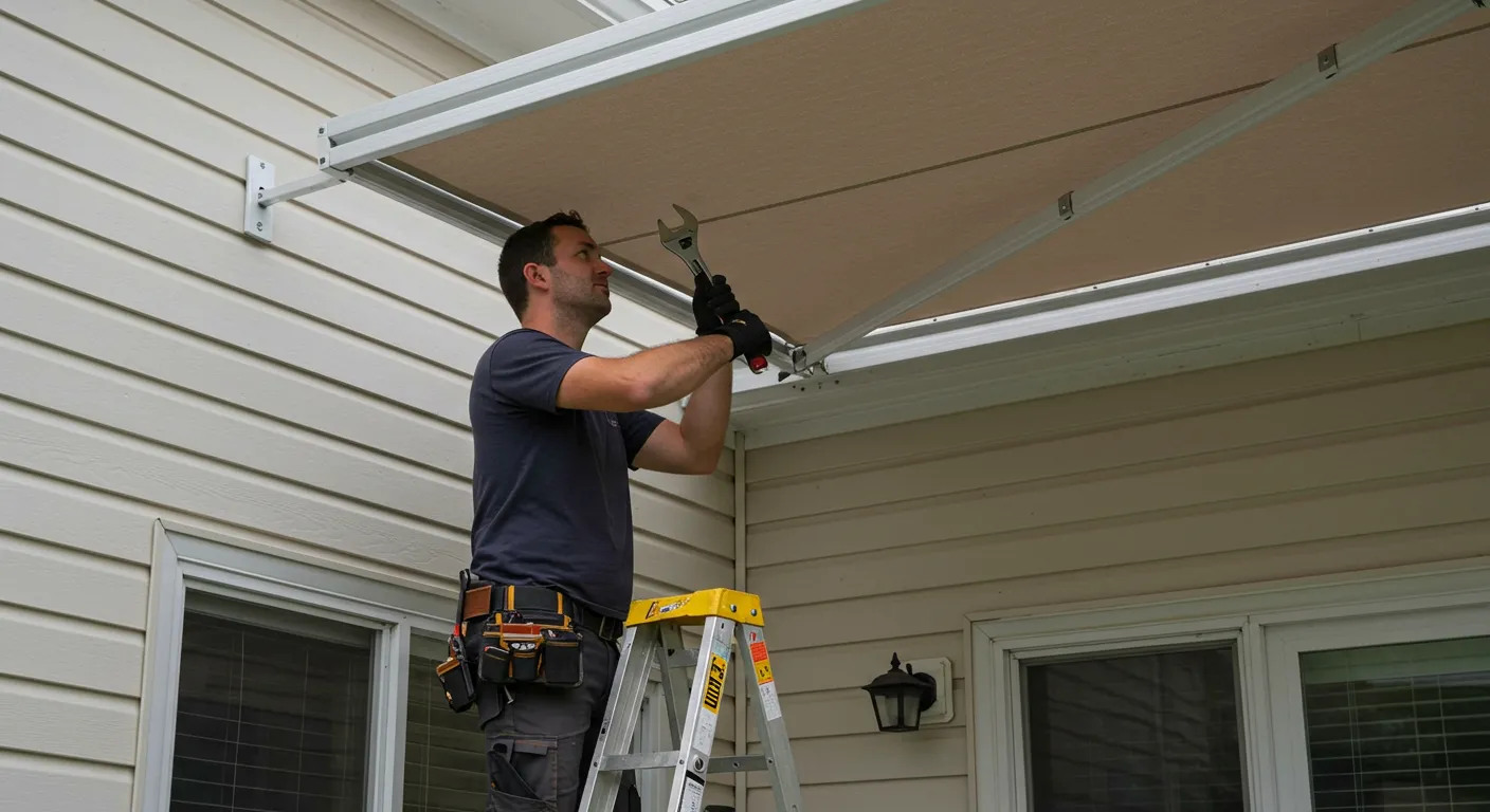 A man on a ladder uses a wrench to tighten a bolt on the frame of a beige retractable awning attached to a house with vinyl siding.