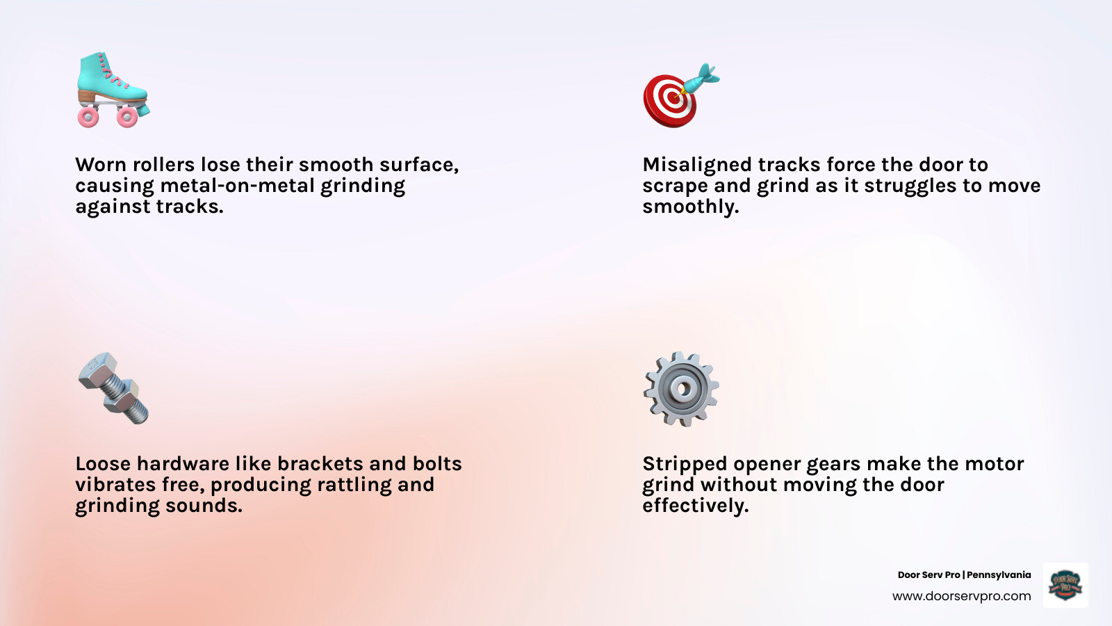 Infographic showing common garage door grinding noise sources and their causes - garage door making grinding noise what it Infographic showing common garage door grinding noise sources and their causes - garage door making grinding noise what it
