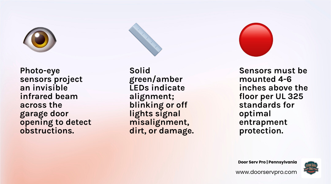 Infographic showing how garage door photo-eye sensors send and receive infrared beam, common causes of failure, and LED Infographic showing how garage door photo-eye sensors send and receive infrared beam, common causes of failure, and LED