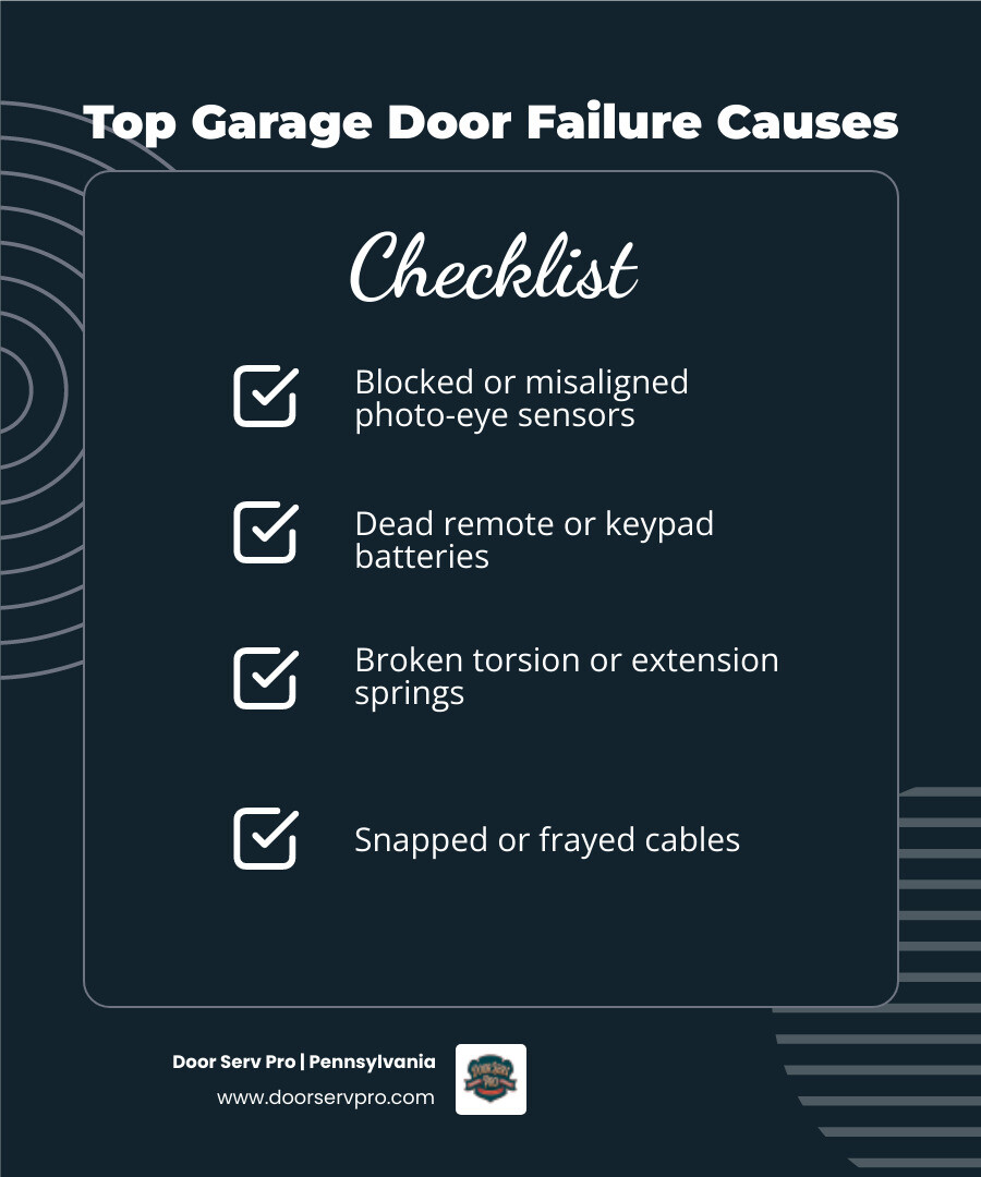 Infographic showing 15 most common garage door failure points from sensors to springs - garage door wont open or close Infographic showing 15 most common garage door failure points from sensors to springs - garage door wont open or close