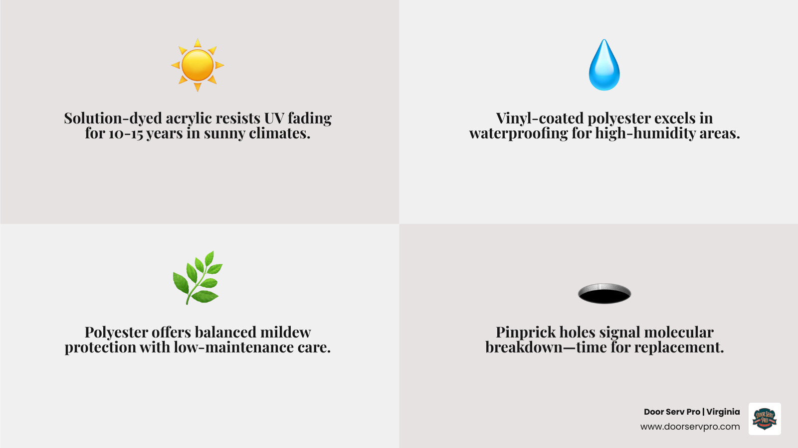 Infographic showing awning fabric types, lifespans, replacement signs, and Virginia climate tips - awning fabric options and Infographic showing awning fabric types, lifespans, replacement signs, and Virginia climate tips - awning fabric options and