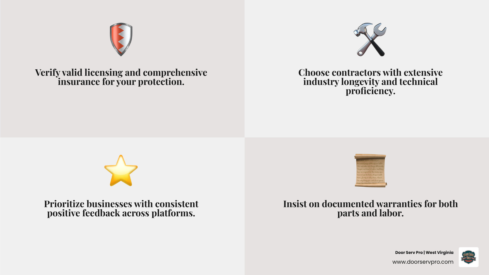 Infographic showing 10 key criteria for selecting a qualified garage door contractor - what to look for in a garage door Infographic showing 10 key criteria for selecting a qualified garage door contractor - what to look for in a garage door