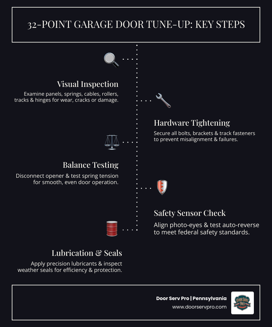 Infographic showing the 8 steps of a professional 32-point garage door tune-up process - what does a professional garage Infographic showing the 8 steps of a professional 32-point garage door tune-up process - what does a professional garage