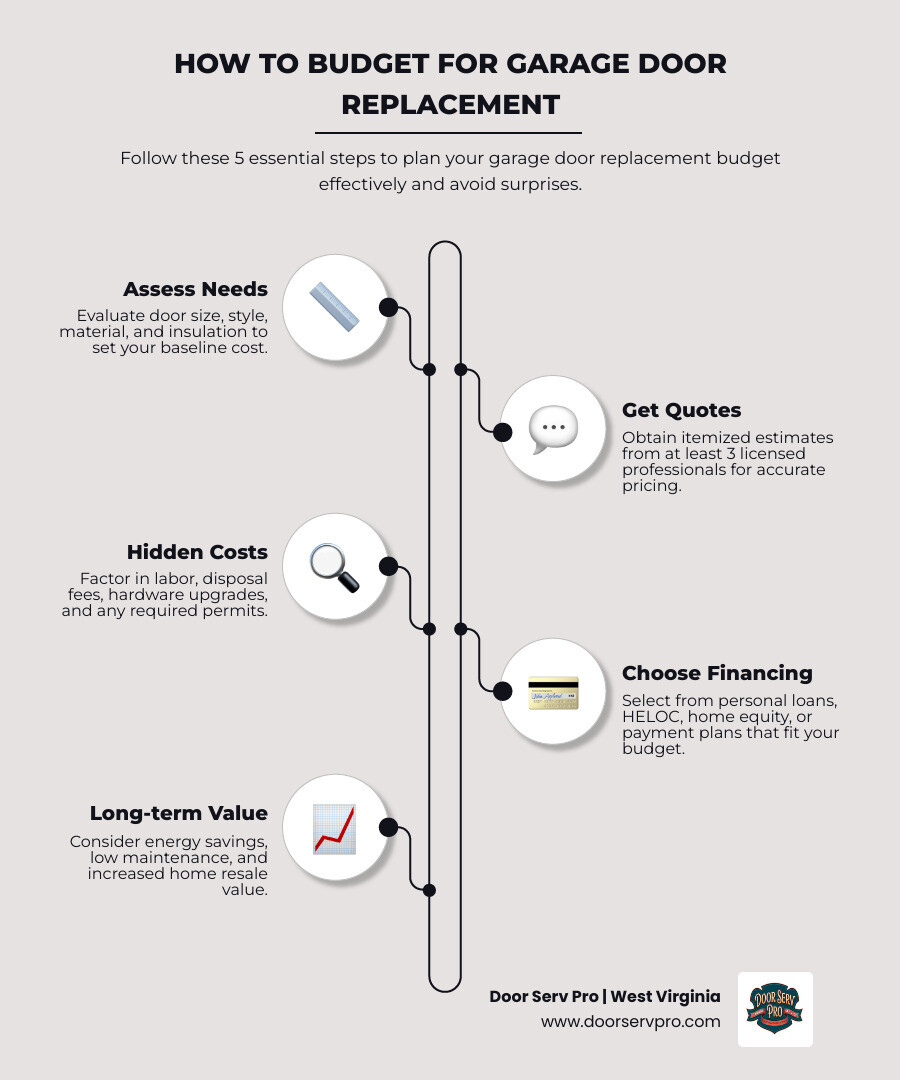 Step-by-step 2026 garage door replacement budgeting process infographic - how to budget for a garage door replacement Step-by-step 2026 garage door replacement budgeting process infographic - how to budget for a garage door replacement