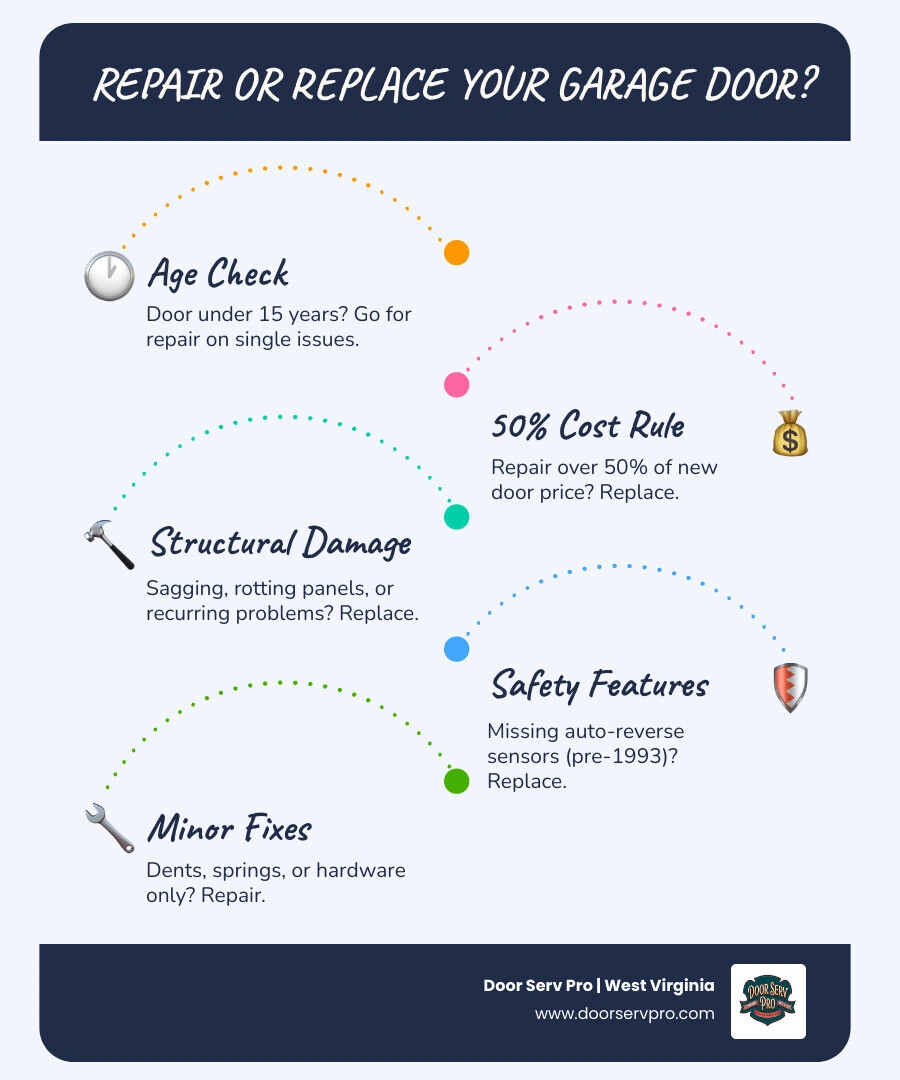 Repair vs replace garage door decision matrix infographic with age, cost, and damage criteria - should i repair or replace Repair vs replace garage door decision matrix infographic with age, cost, and damage criteria - should i repair or replace