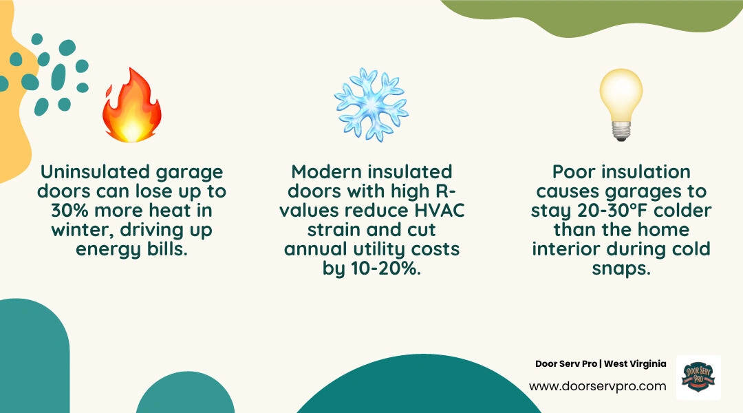 Infographic illustrating heat loss through an uninsulated door vs. an energy-efficient insulated door - when should you