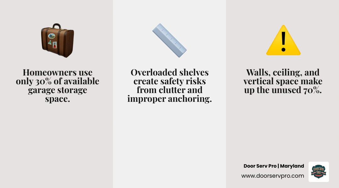 Five zones of garage organization infographic: daily-use wall zone, tool security cabinet zone, seasonal overhead zone Five zones of garage organization infographic: daily-use wall zone, tool security cabinet zone, seasonal overhead zone