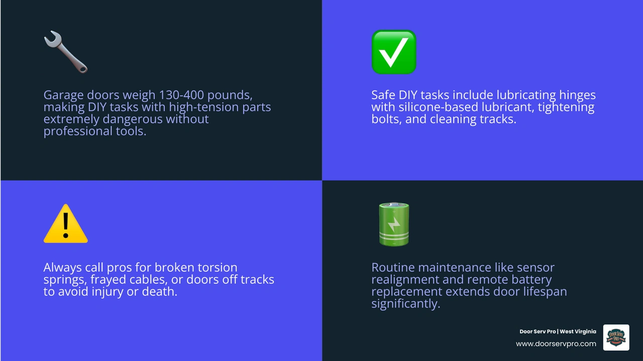 DIY vs professional garage door tasks comparison infographic with safe tasks and pro-only repairs listed - diy garage door DIY vs professional garage door tasks comparison infographic with safe tasks and pro-only repairs listed - diy garage door