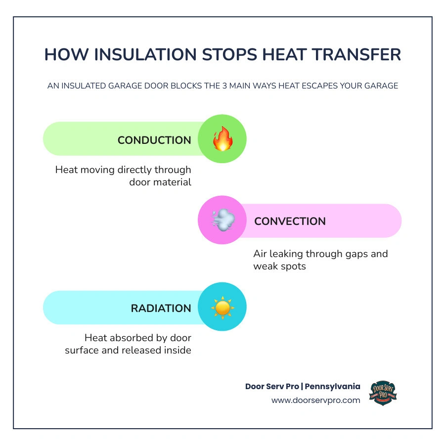 Infographic showing garage heat loss percentage, R-value ranges, temperature stability, and noise reduction benefits of