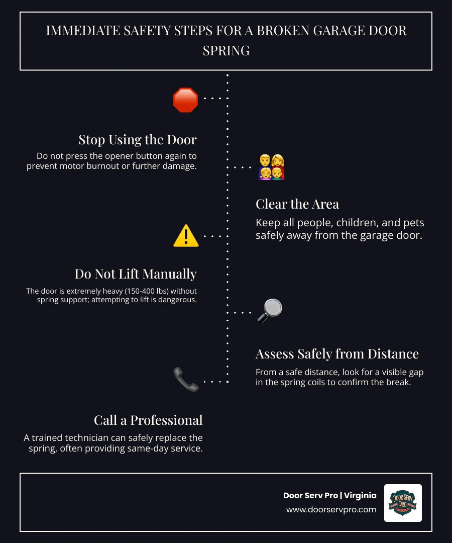 Infographic: Immediate safety steps when a garage door spring breaks — stop use, clear area, avoid opener, call a pro - what Infographic: Immediate safety steps when a garage door spring breaks — stop use, clear area, avoid opener, call a pro - what