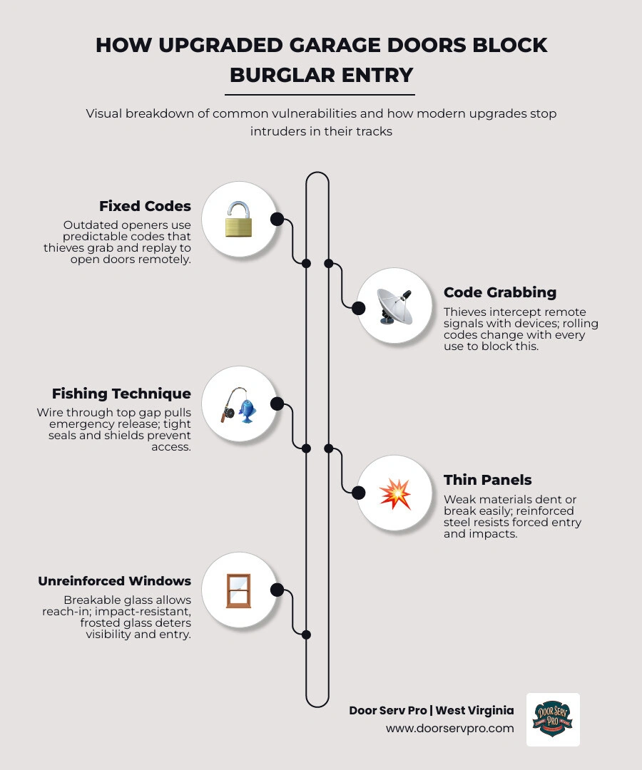 infographic showing how upgraded garage doors block common burglar entry methods and improve security - how an upgraded