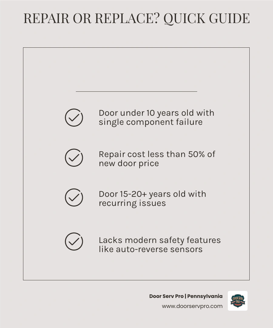 Infographic showing repair vs replace garage door decision tree based on age, cost, and damage type infographic