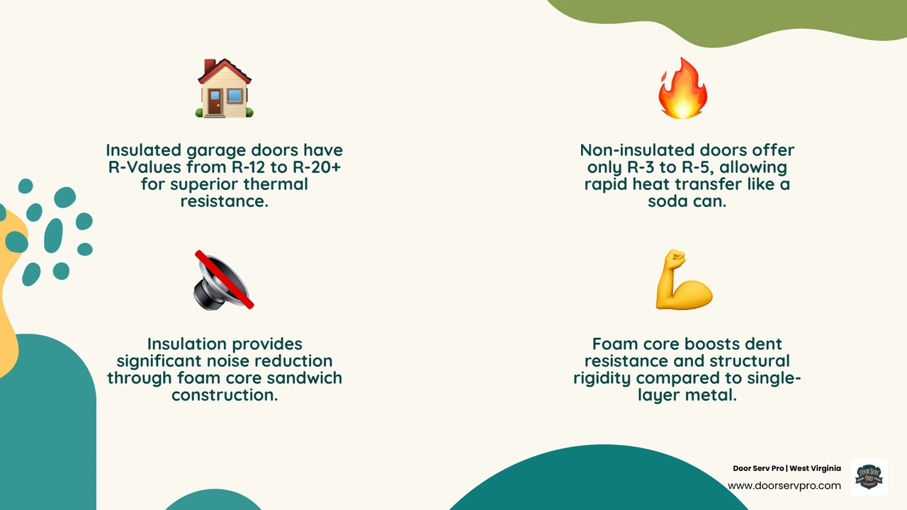 Infographic comparing insulated vs non-insulated garage door key features including R-value, construction, and best use Infographic comparing insulated vs non-insulated garage door key features including R-value, construction, and best use