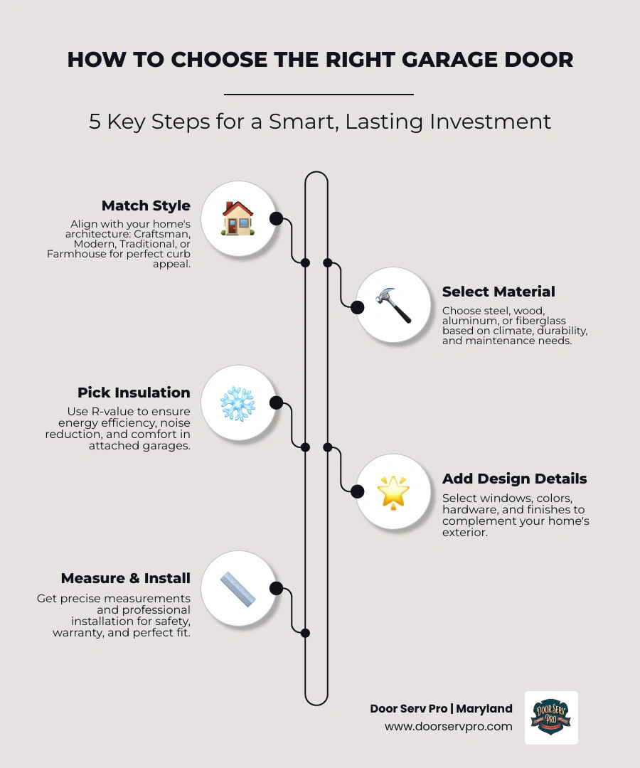 4-step garage door selection process infographic: style matching, material choice, insulation R-value, and professional