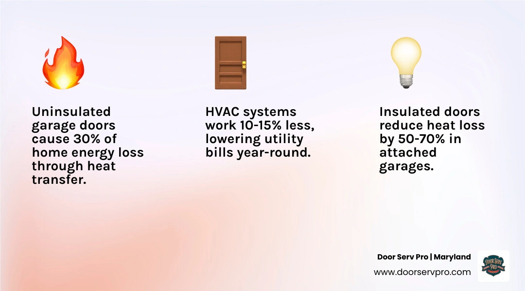 Infographic showing how insulated garage doors reduce home energy loss through thermal barriers, R-values, and reduced HVAC