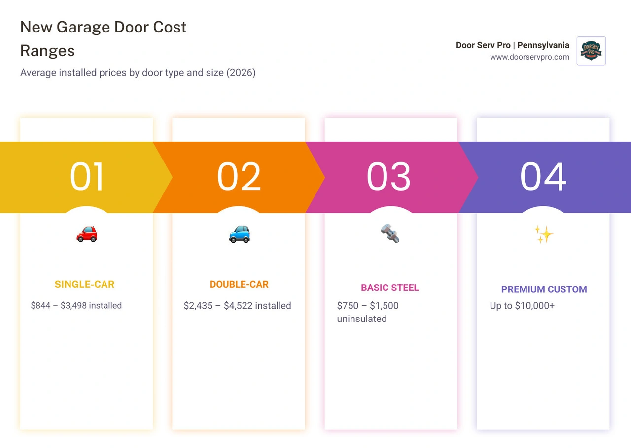Infographic showing cost ranges by garage door type, material, and size for 2026 - how much does a new garage door cost Infographic showing cost ranges by garage door type, material, and size for 2026 - how much does a new garage door cost