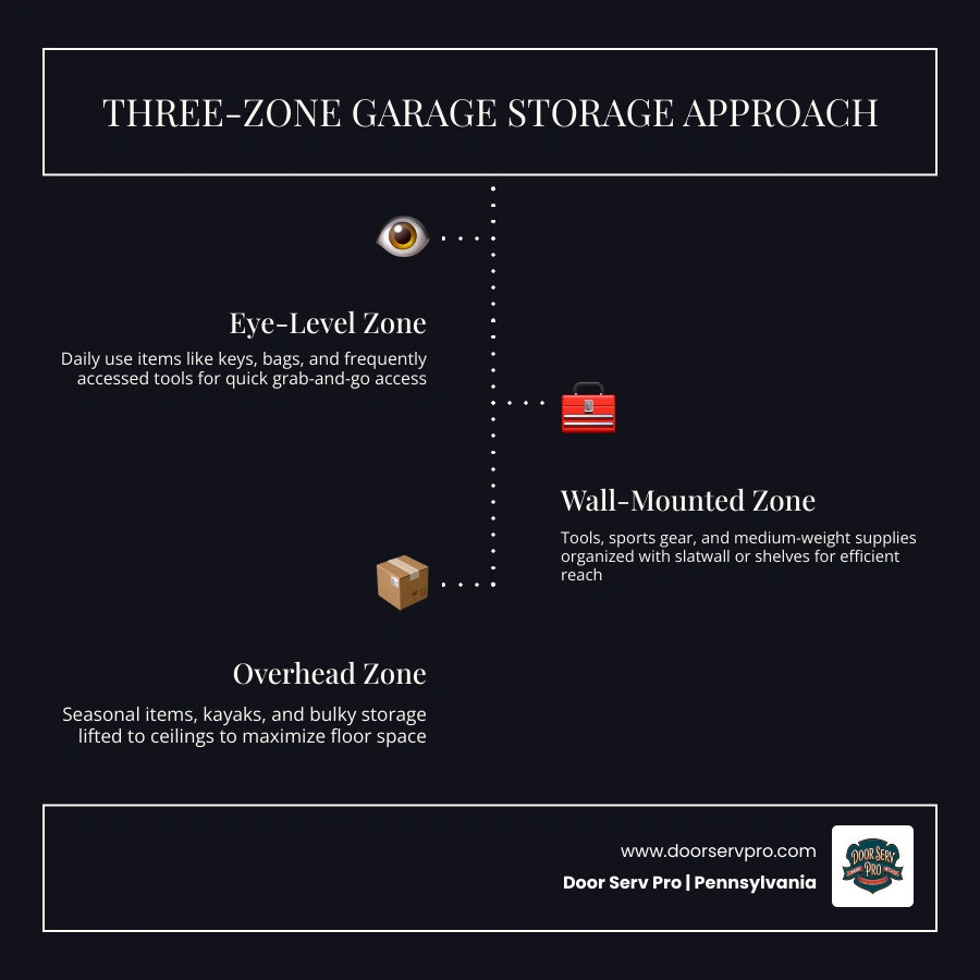 Infographic showing three-zone garage storage approach: eye-level for daily items, wall-mounted for tools, overhead for