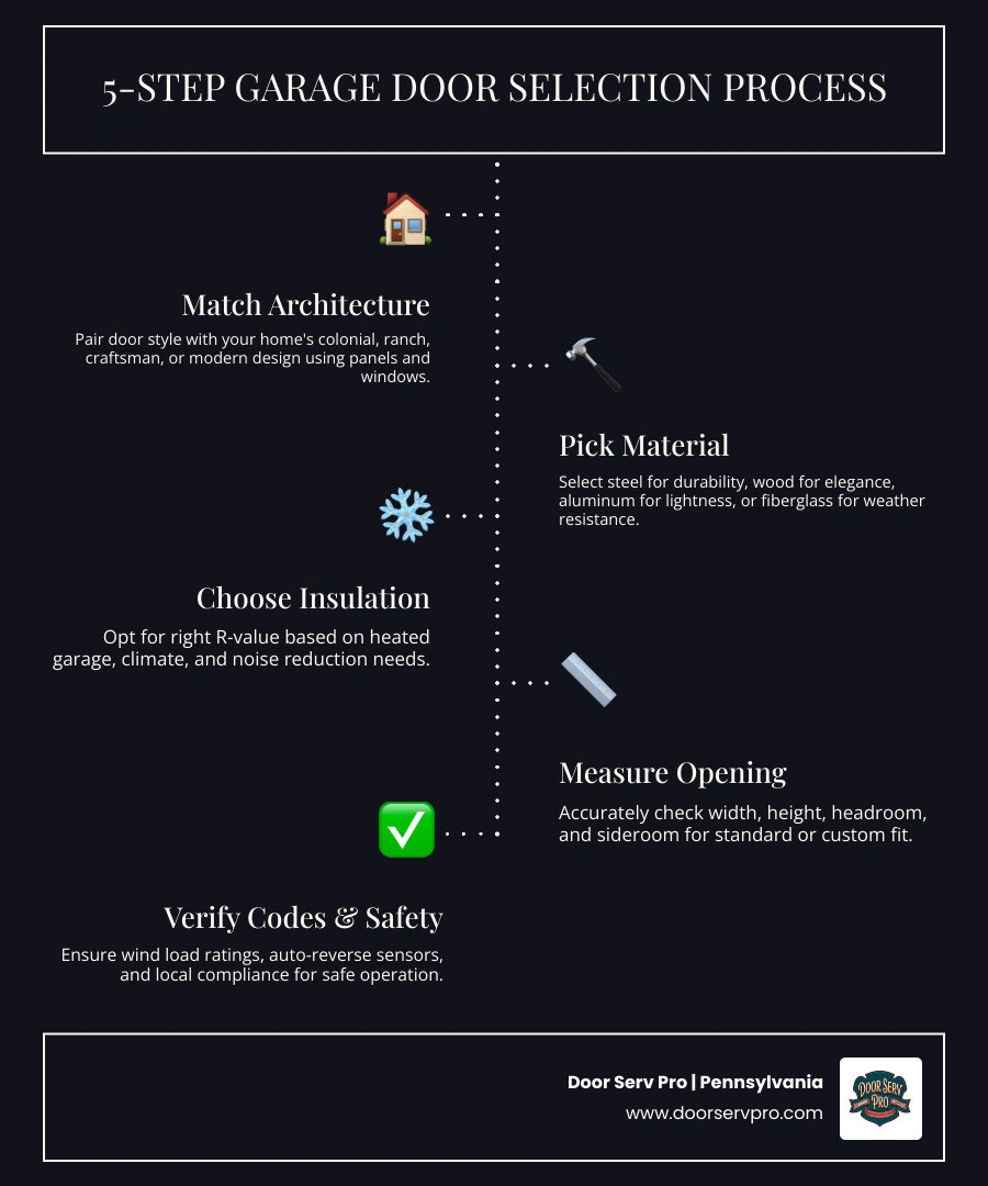 5-step garage door selection process infographic covering style, material, insulation, size, and safety infographic